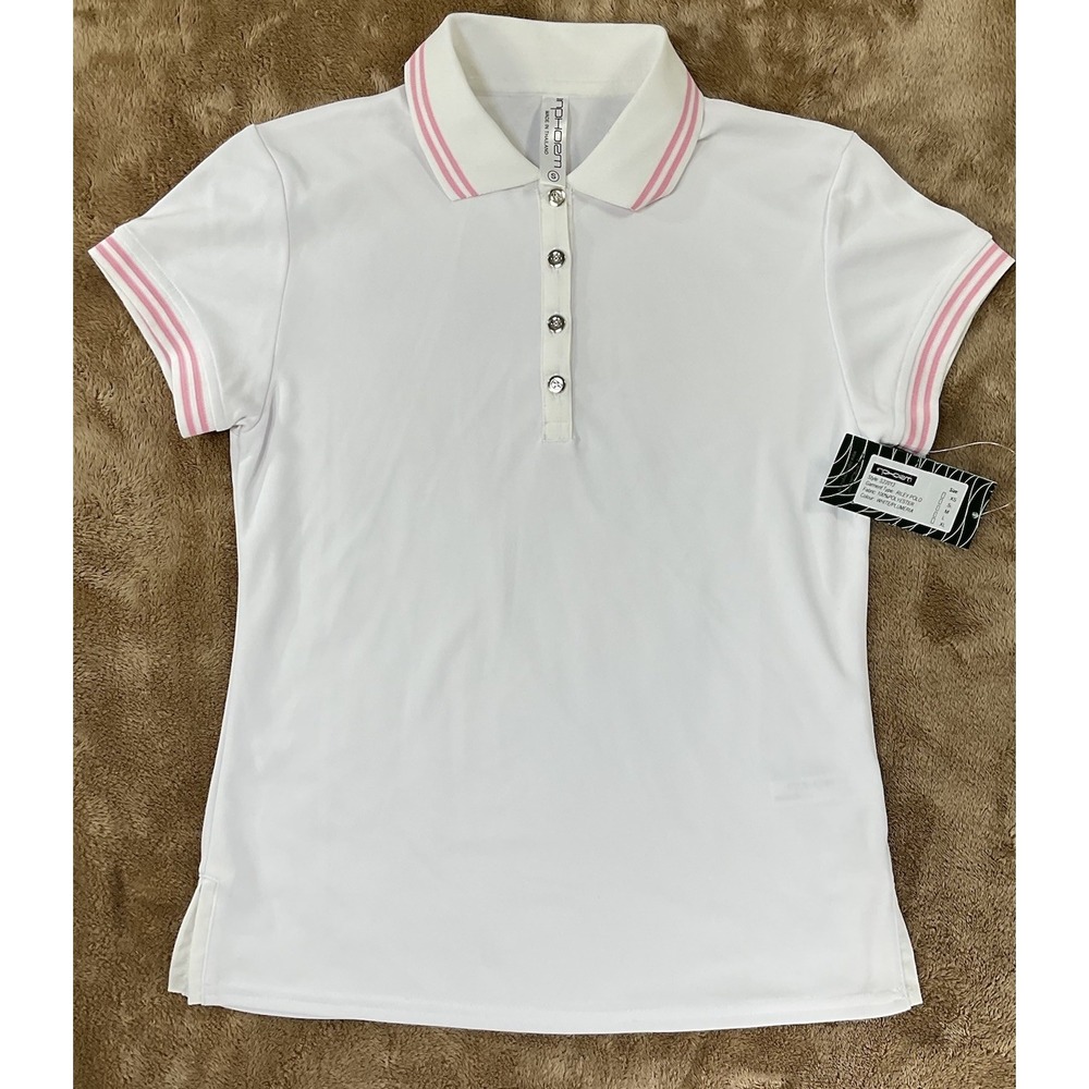 Inphorm Riley Polo Womens S White Button Up W/Pink Stripes Tennis Golf 491